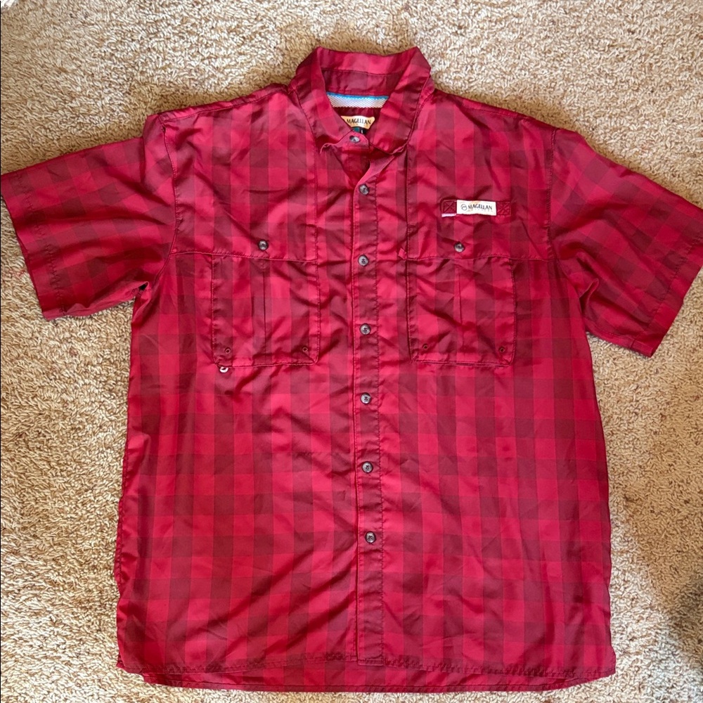 Magellan Fish Gear Relaxed Fit Red Plaid Short-Sleeve Button-Up Shirt Size Large
